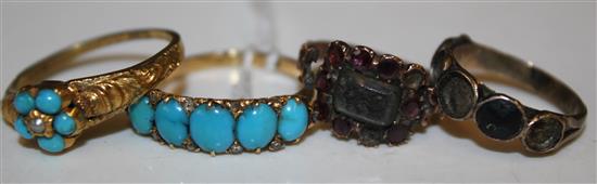 Two turquoise-set rings (one 18ct) & two other rings (4 - faults)